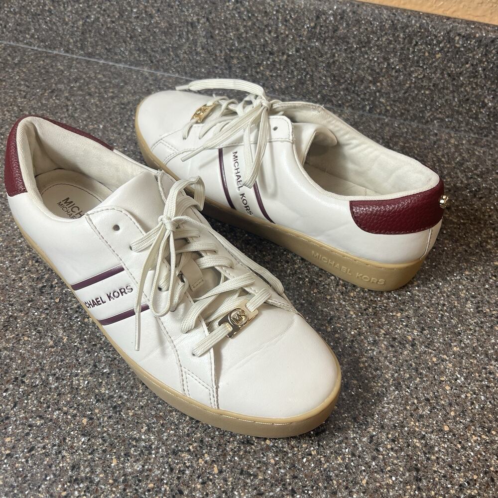Michael Kors Irving Women's 9M Shoes Sneakers Cream/Red Faux Leather Lace Up Low
